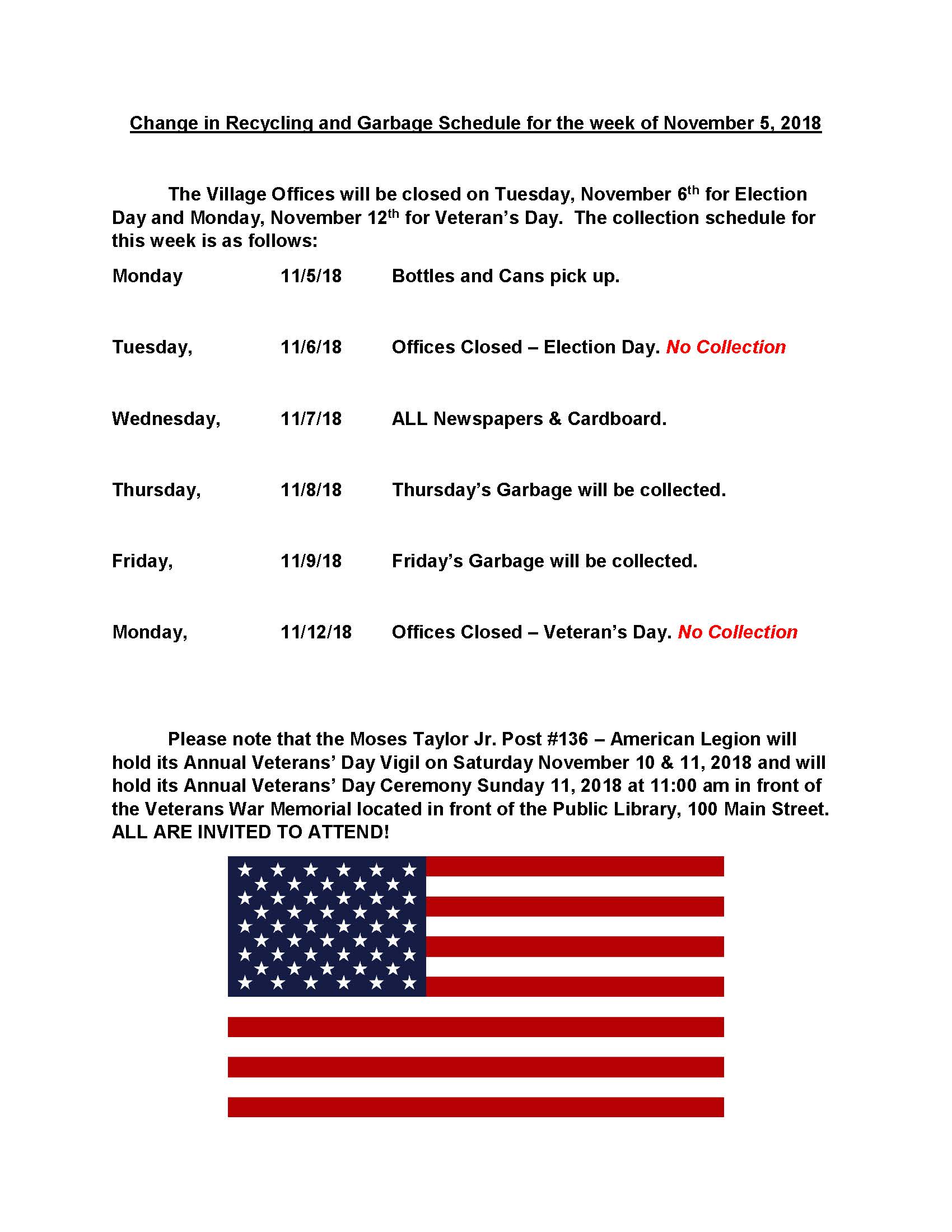 Change in Recycling Schedule for the week of November 6